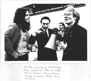 Michel Auder, Jonas Mekas and Andy Warhol at the opening of Anthology Film Archives, November 30, 1970. Photo: Mike Chikiris